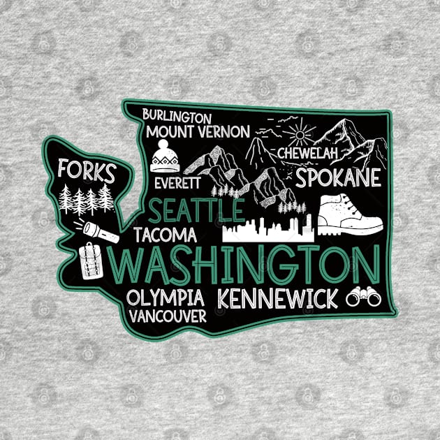 Washington Seattle cute map Tacoma Kennewick Forks Spokane by BoogieCreates